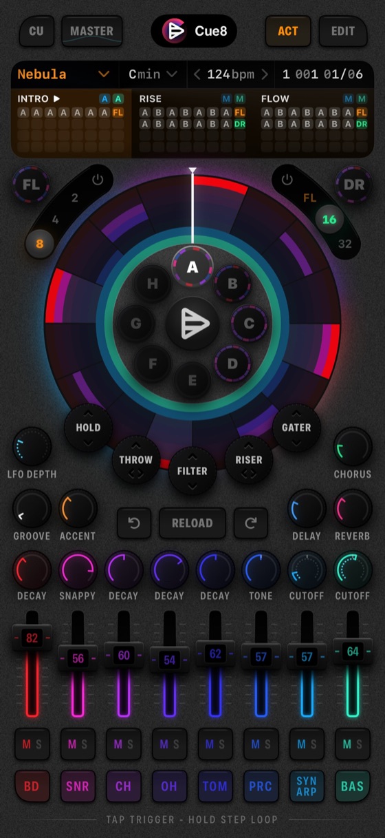 Cue8 in ACT mode on iPhone: the step disk, pattern slots and performance pads