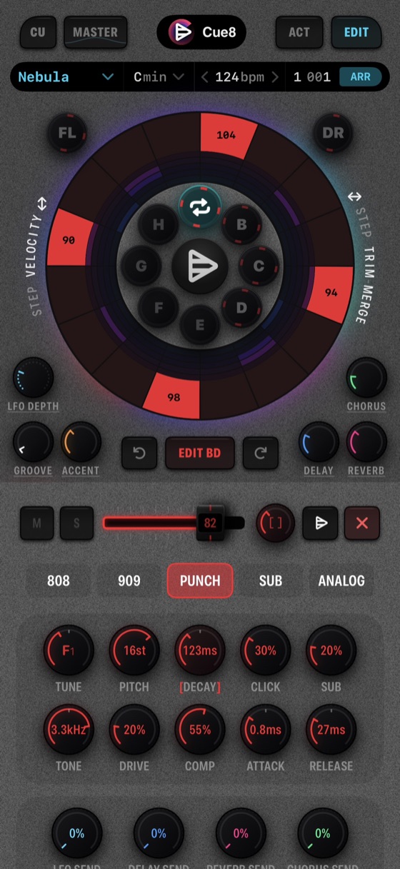 The Cue8 kick channel open in edit, with step velocity on the disk