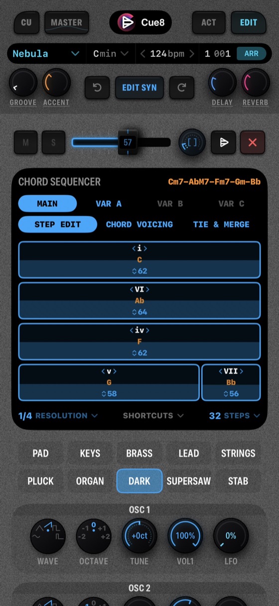 The Cue8 chord sequencer and synth detail on iPhone
