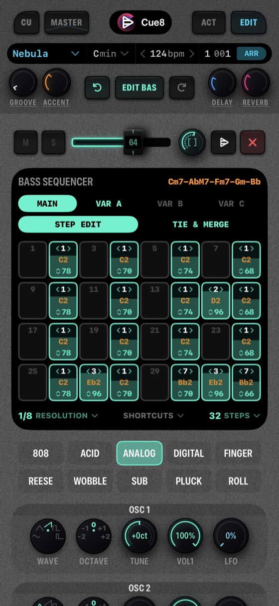 The Cue8 bass sequencer and bass detail on iPhone