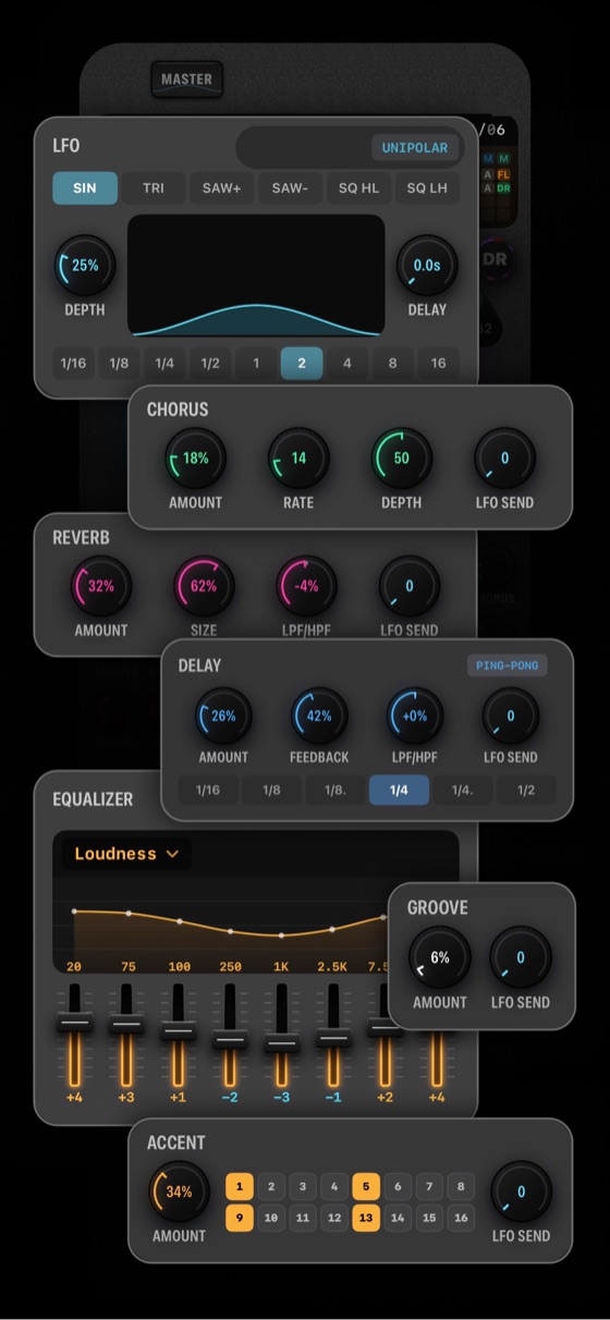 The Cue8 master console on iPhone: LFO, sends, EQ, groove and accent