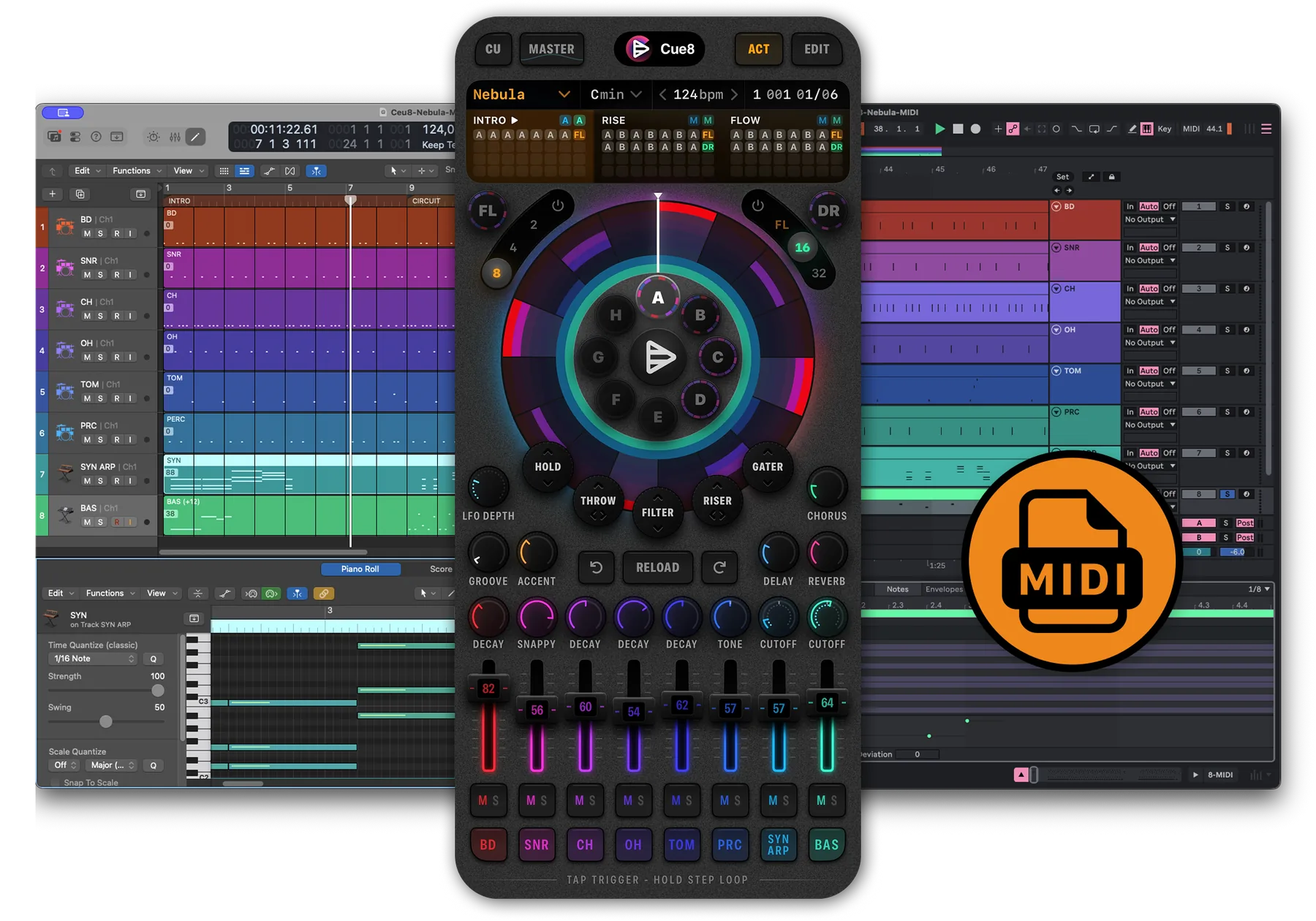 A Cue8 project exported as MIDI, opened across two DAW windows with every channel on its own track