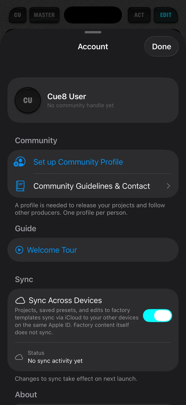 The Cue8 account sheet with community profile, welcome tour and iCloud sync