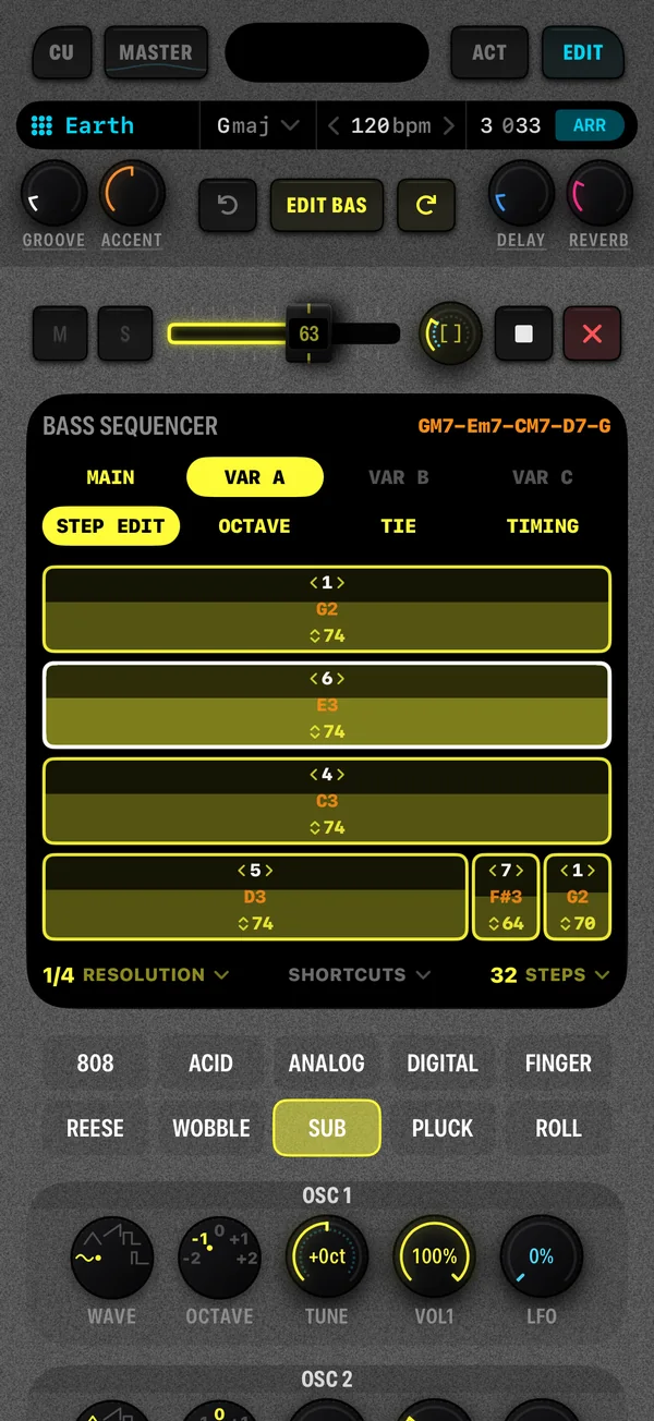 The Cue8 bass channel detail with scale degree steps and the SUB preset