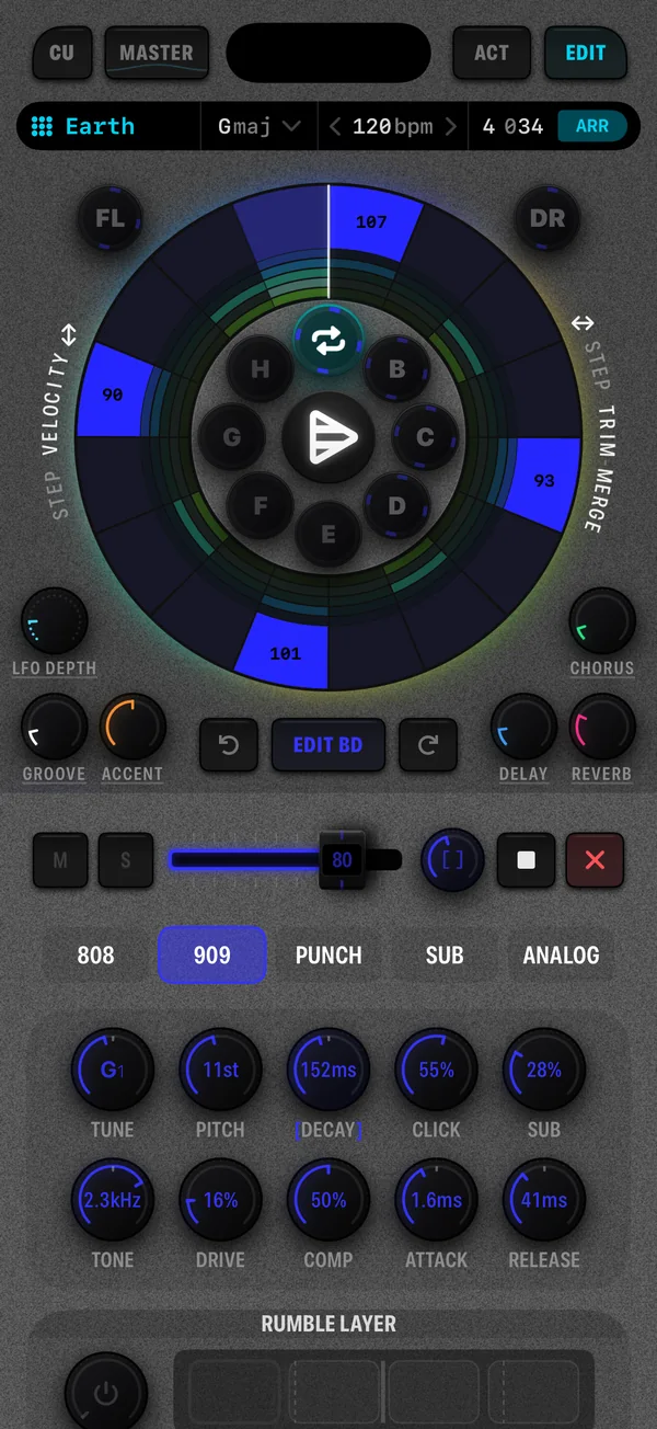 The Cue8 kick channel detail with step velocities on the disk, presets and engine knobs