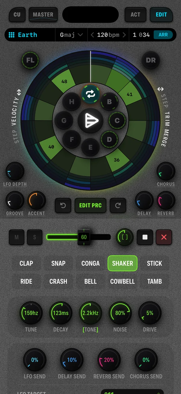 The Cue8 percussion channel detail with the SHAKER preset