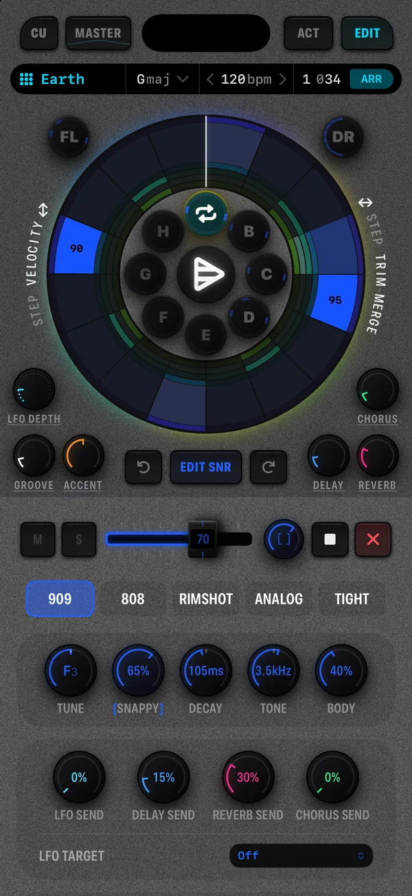 The Cue8 snare channel detail with presets, engine knobs and sends