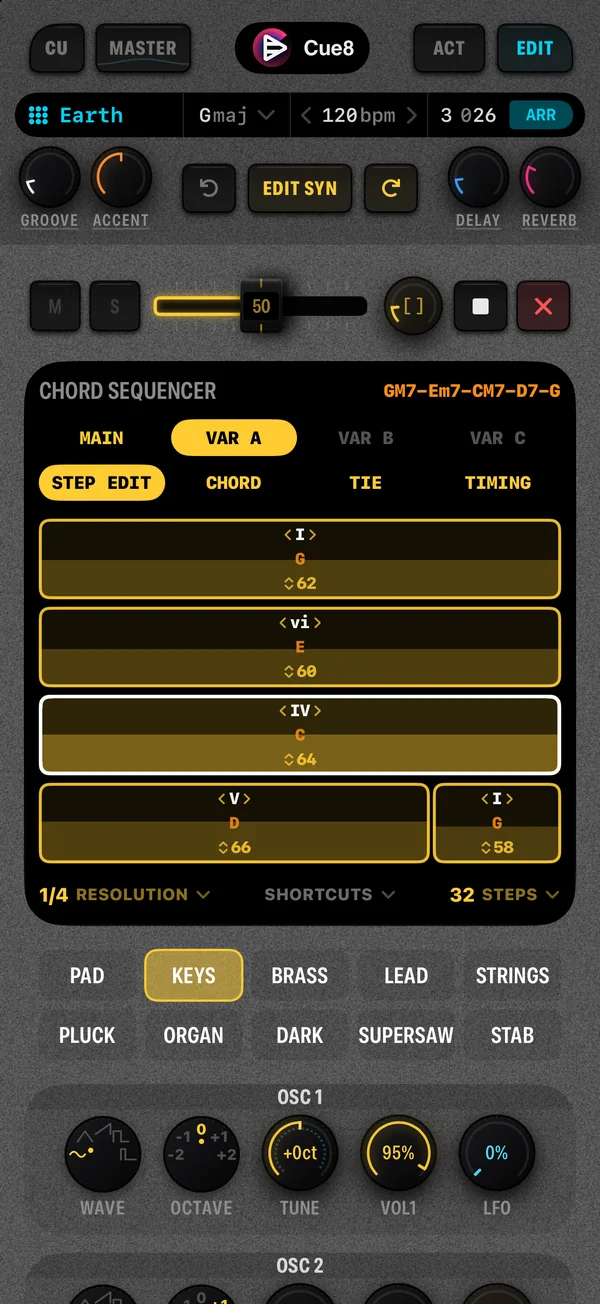 The Cue8 synth channel detail with the chord sequencer on GM7 Em7 CM7 D7