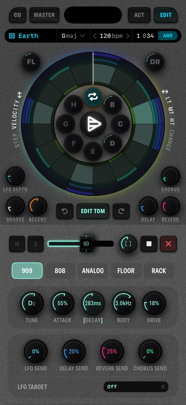 The Cue8 tom channel detail with its pitch tracking the key