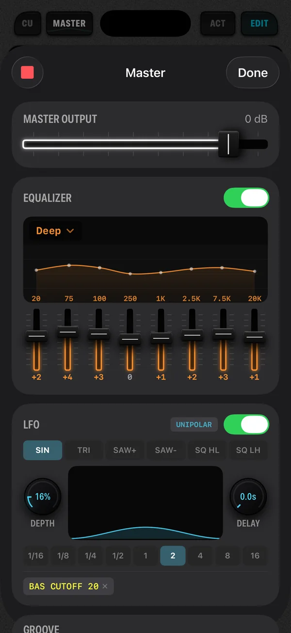 The Cue8 Master Console with output fader, eight band EQ on the Deep curve, and the LFO