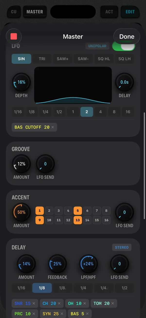 The Cue8 Master Console groove, accent and delay sections