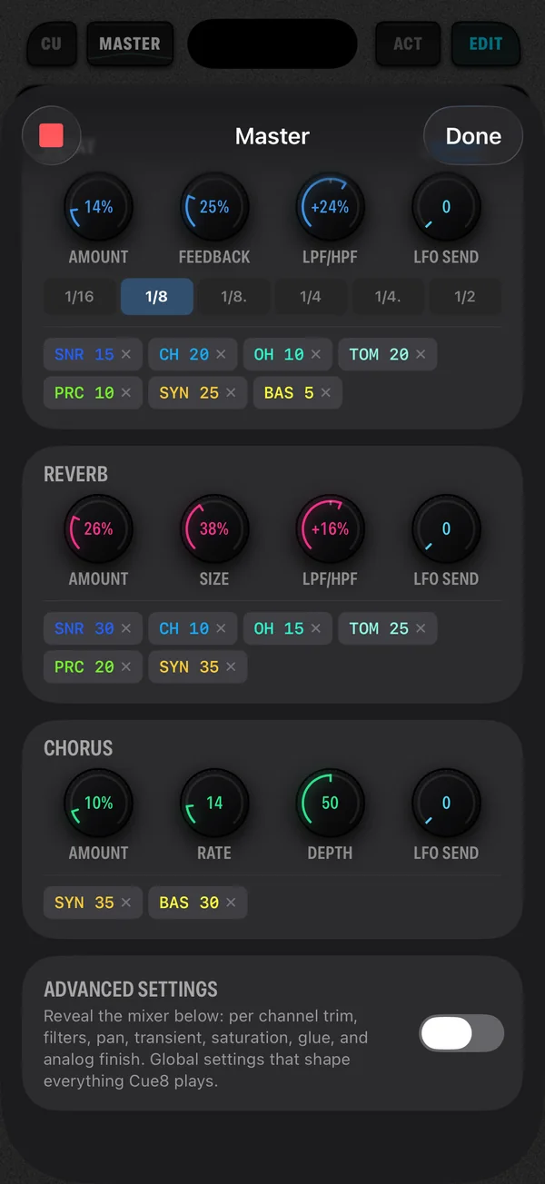 The Cue8 Master Console reverb and chorus sends with the Advanced Settings switch
