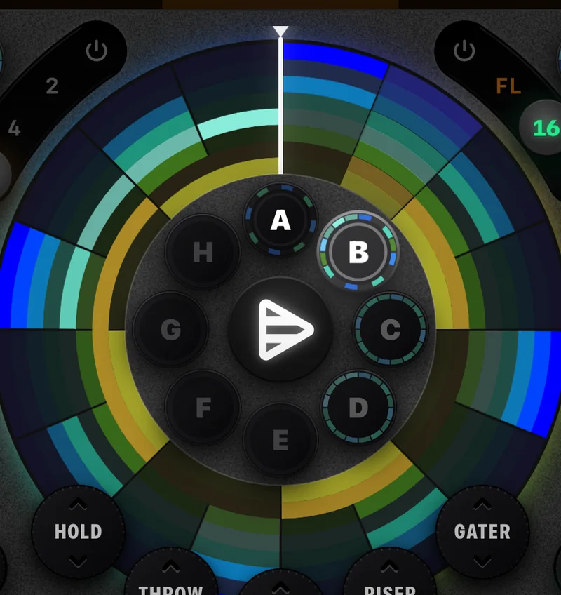 The Cue8 disk with eight channel rings lit while playing