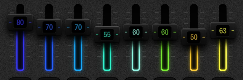 The eight Cue8 volume faders with their values