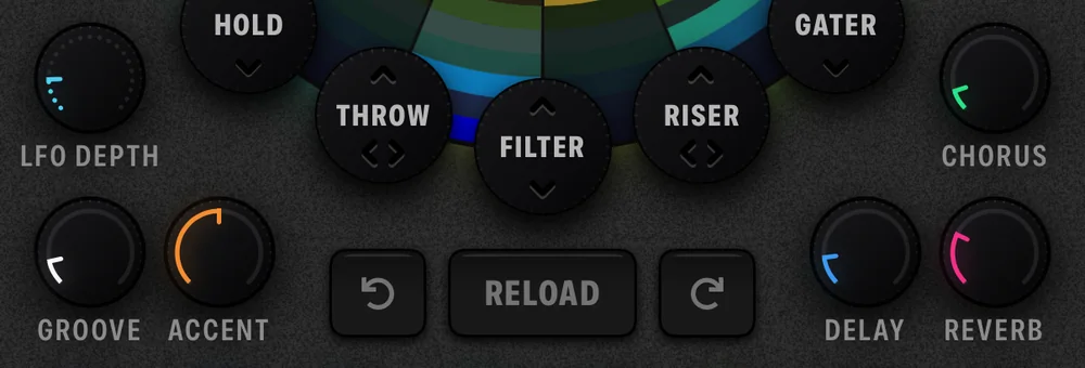 The Cue8 performance knobs around the disk: LFO depth, chorus, groove, accent, reload, delay and reverb