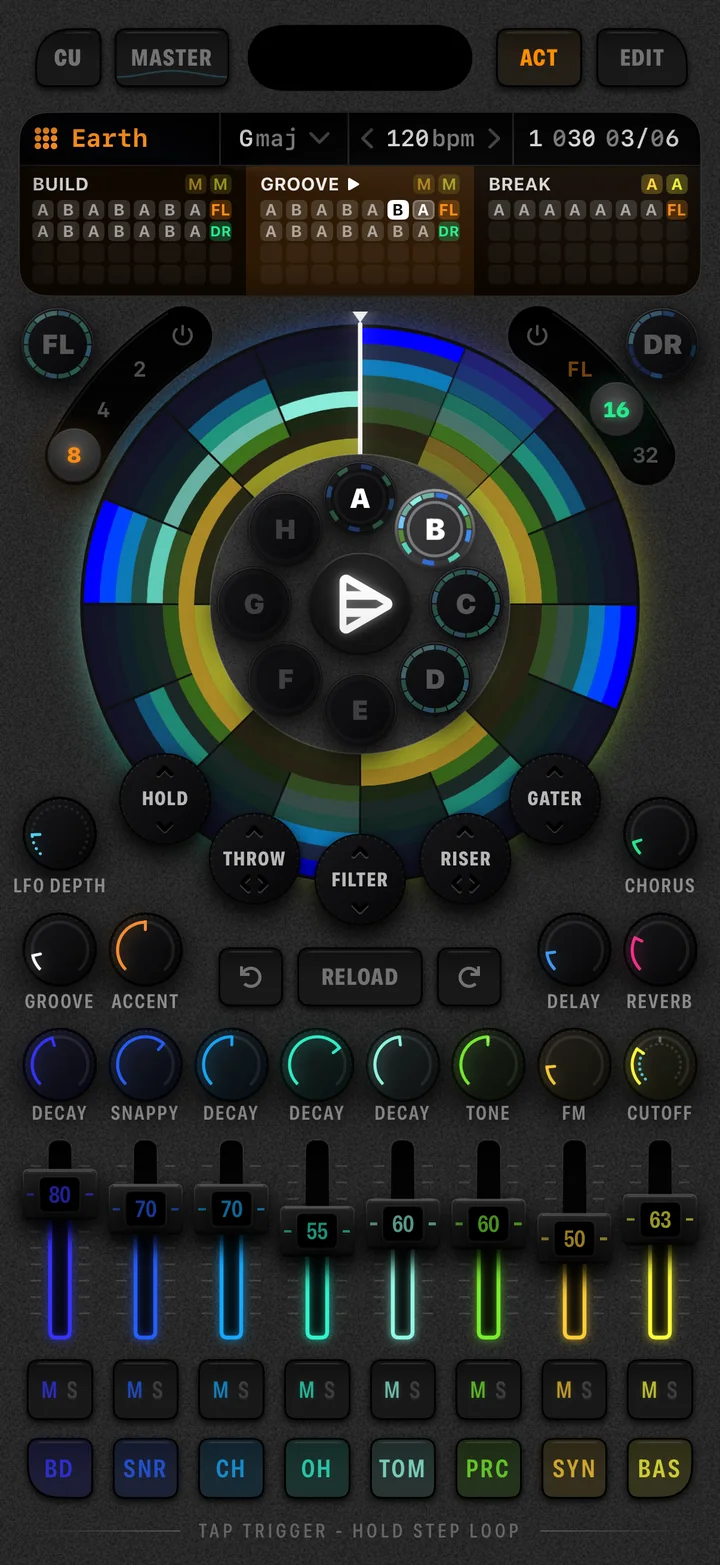 The Cue8 home screen playing the Earth template in ACT mode