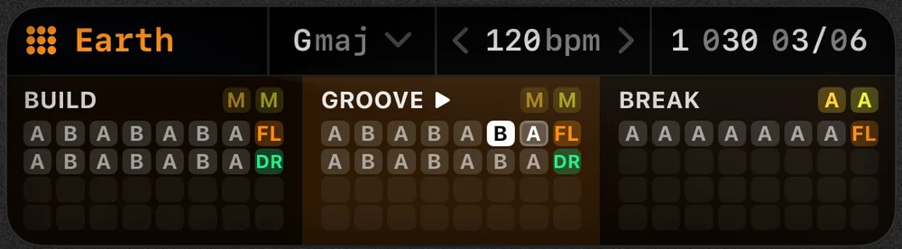 The Cue8 LCD showing Earth, G major, 120 BPM, and the bar counter above the arranger