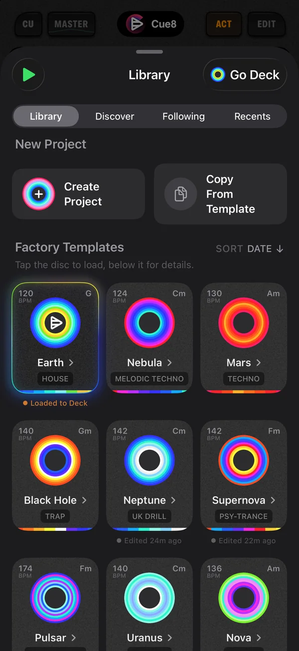 The Cue8 Library with factory templates drawn as colored disks