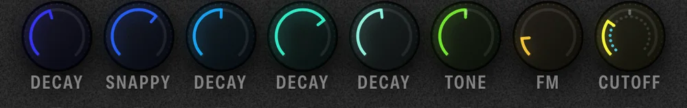 The Cue8 macro knob row: DECAY, SNAPPY, DECAY, DECAY, DECAY, TONE, FM, CUTOFF