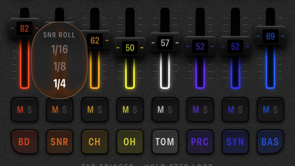 The Cue8 snare roll picker open over the faders